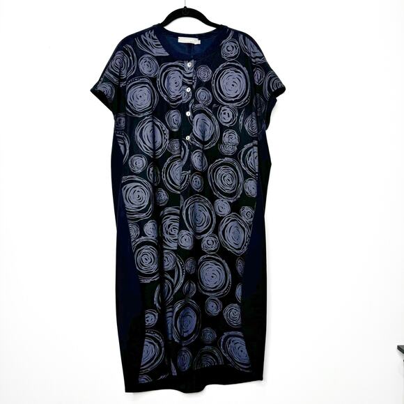 Alembika Art Print Lagenlook Dress Black Gray Viscose Midi Short Sleeve Sz 4 - Picture 2 of 8